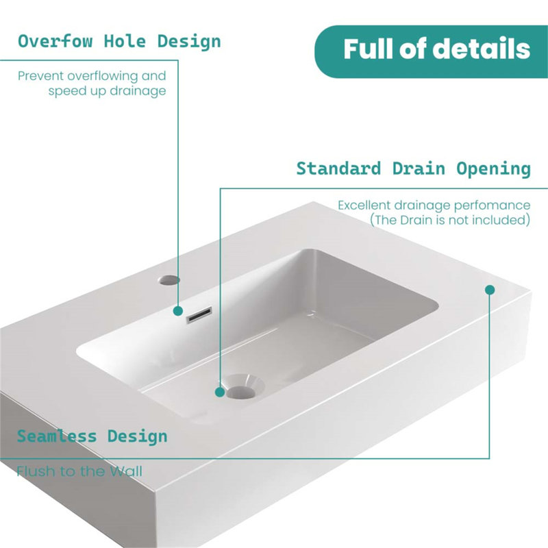 Integrated Engineered Quartz Basin Without Drain And Faucet, White, White