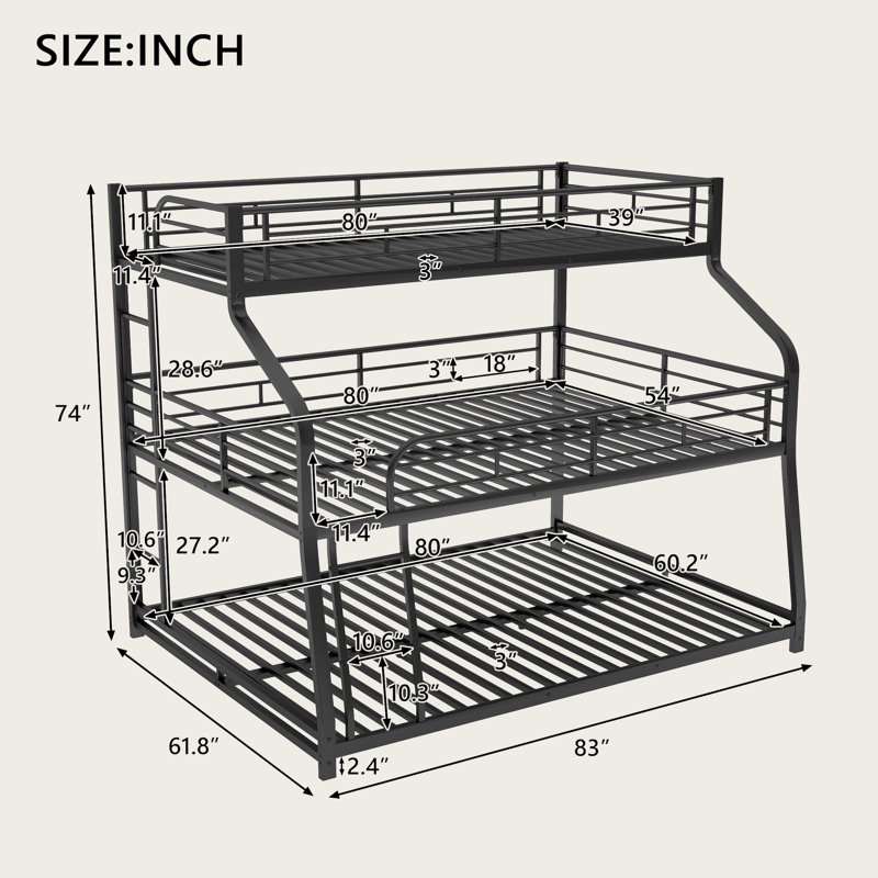 Twin XL / Full XL / Queen Triple Bunk Bed with Long & Short Ladder, Full-Length Guardrails, Black Metal Frame, Space-Saving Design