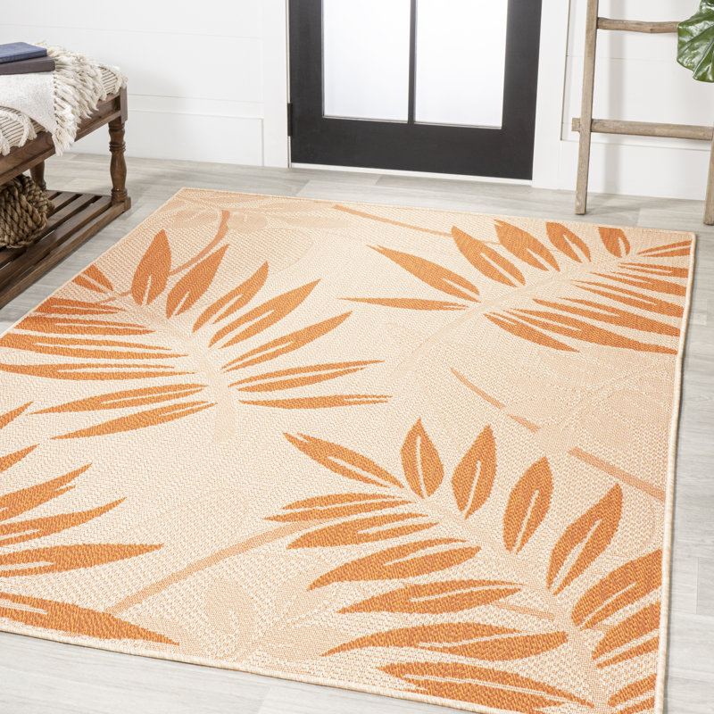 Hallas Tropical Palm Leaf Cream/Orange Indoor/Outdoor Rug, Rectangle 2'11" x 5'
