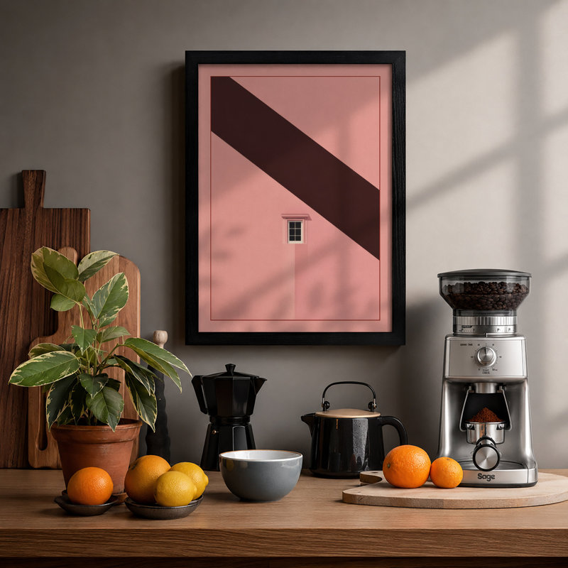 Pink Wall, Brown Diagonal Minimalist - Framed Print, A2 - 59.4 x 42.0 cm, Black
