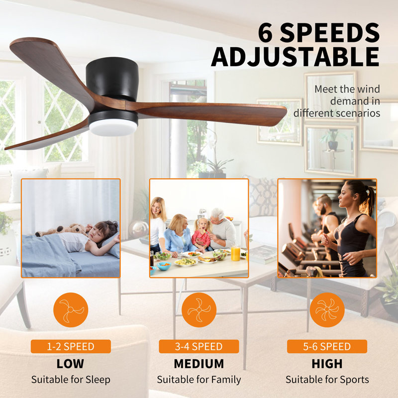 Ventilateurs de plafond de 42 pouces en bois noir avec lumières et télécommande, ventilateur de plafond encastré moderne à profil bas avec lumière, 6 vitesses, moteur à courant continu réversible, pour chambre à coucher / extérieur / maison de c