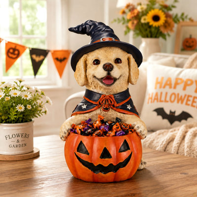 Halloween Black Labrador Retriever Witch Puppy Figurine, Cute Dog Holding Pumpkin Candy Bowl Decoration