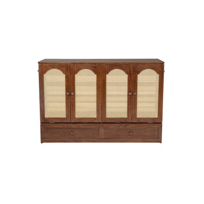 Grand lit escamotable, armoire-lit en bois de pin avec centrale électrique et panneau de décoration en rotin, noyer