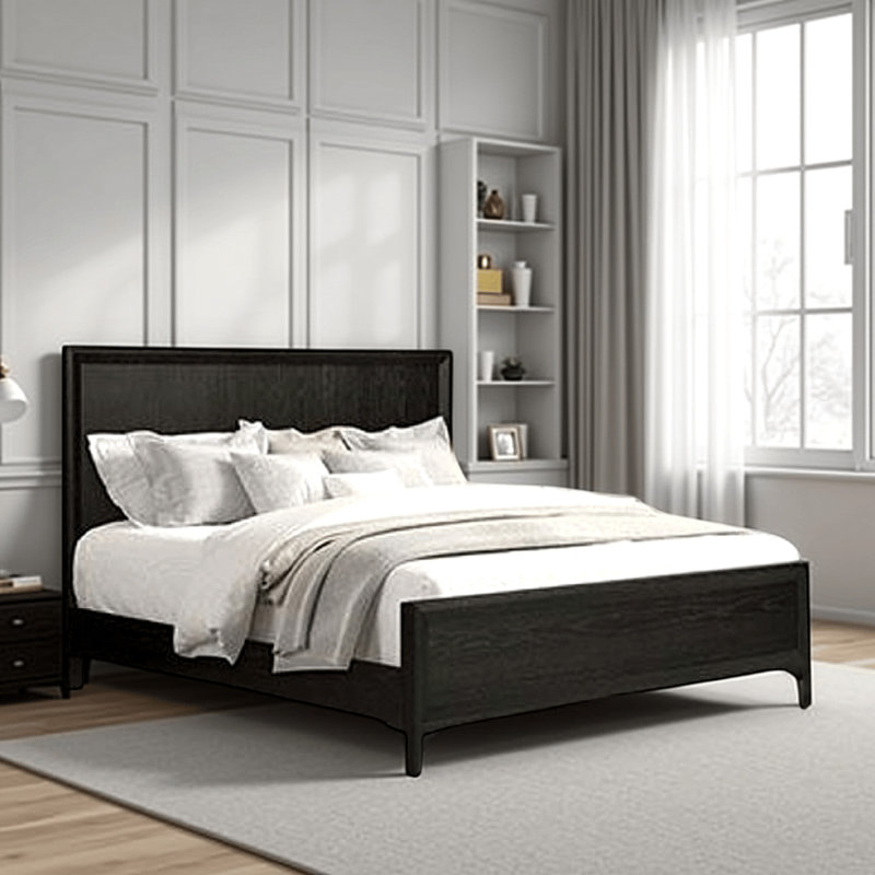 Grand lit Kaira, détails métalliques, bois d'hévéa massif, Noir/brun espresso