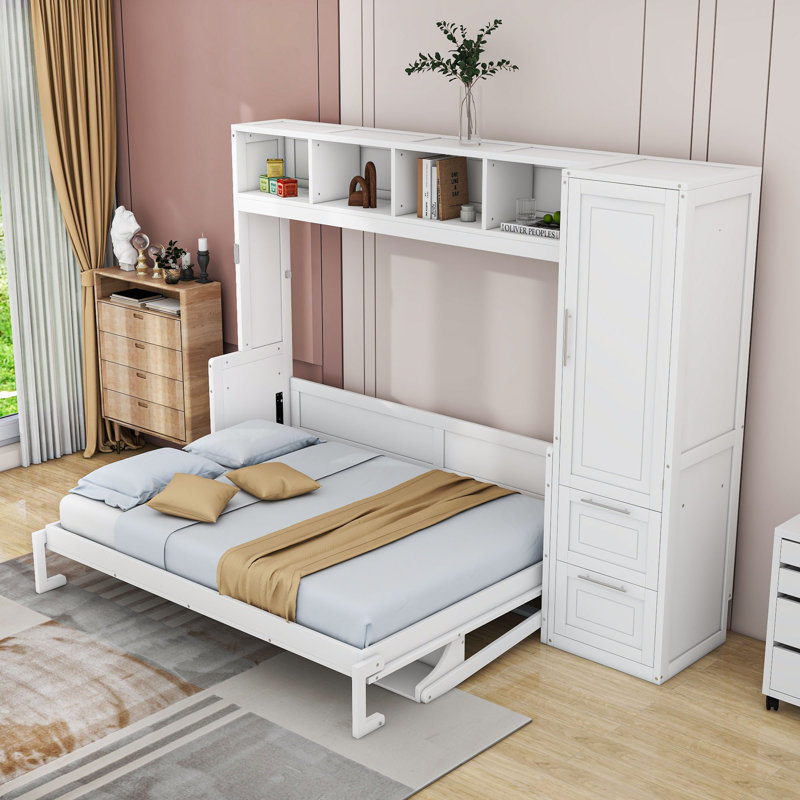Ajae Murphy Bed with Storage Bookcase, Drawers and Wardrobe, Queen, White