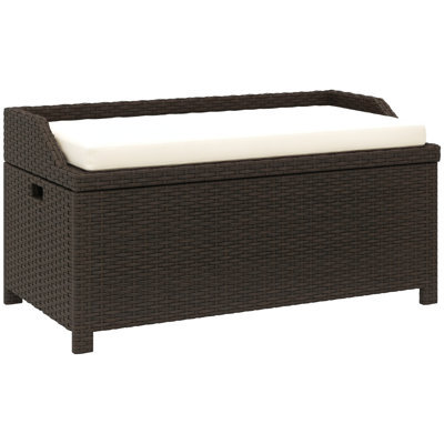 Banc de rangement extérieur en osier, bac de rangement pour patio en rotin PE avec sac en tissu imperméable intérieur, coussin, blanc crème