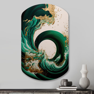 Emeraude vert et or abstrait vagues IV - spirales abstraites, art mural en métal asymétrique, impression d'art moderne cylindrique