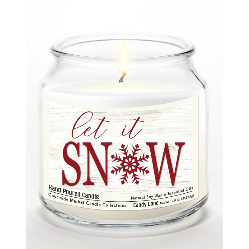 Bougie « Let it Snow » en pot en verre de 400 g avec couvercle en métal argenté brossé