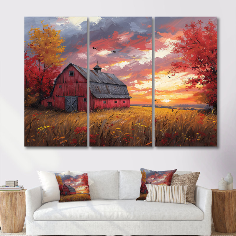 «Autumn Red Barn Breeze II», ensemble de reproductions d'art mural, H 28 po x l 36 po x P 1 po, Toile tendue