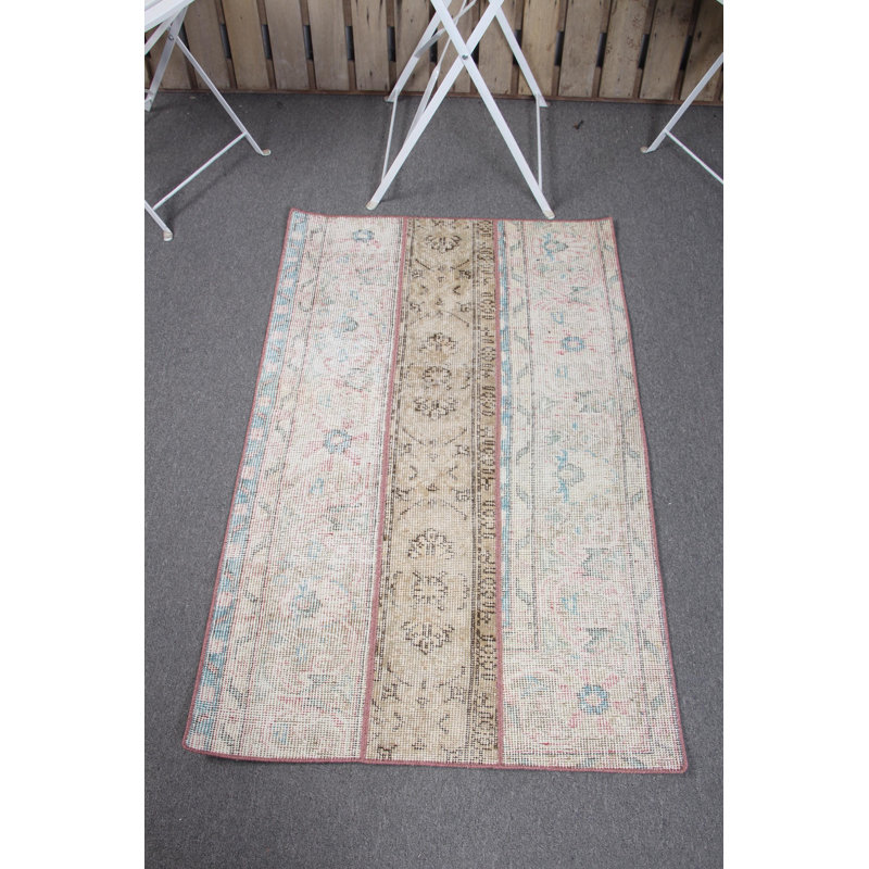Authentic Turkish Patchwork Rug in Soft - Ideal for Entryway or Small Spaces