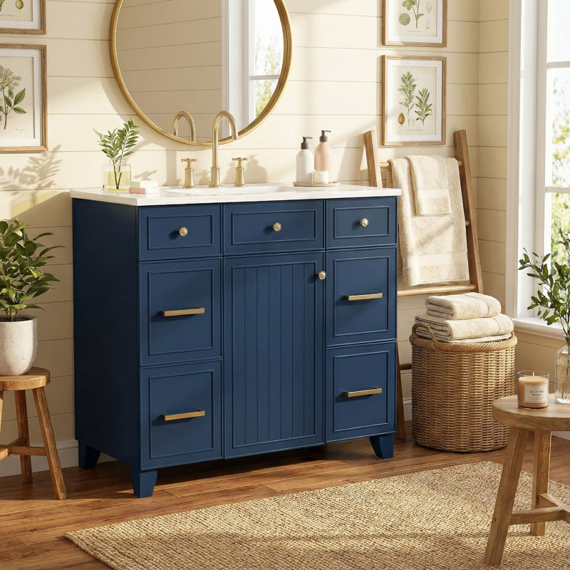 Zorindale 36" Green Bathroom Vanity, Ceramic Top, Solid Wood Frame, Blue