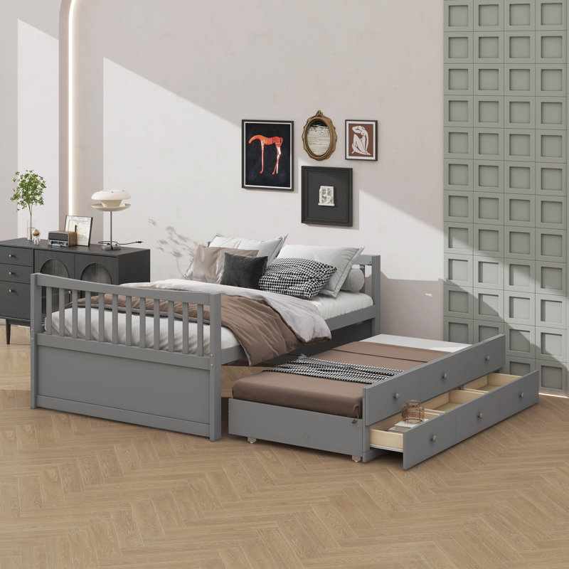 Full-Size Wooden Captain's Daybed With Twin Trundle And Three Storage Drawers, Gray