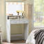 Meuble-lavabo blanc avec lumières, miroir et rangement à 2 niveaux, grand tiroir - meuble de rangement pour chambre à coucher, tiroir contemporain