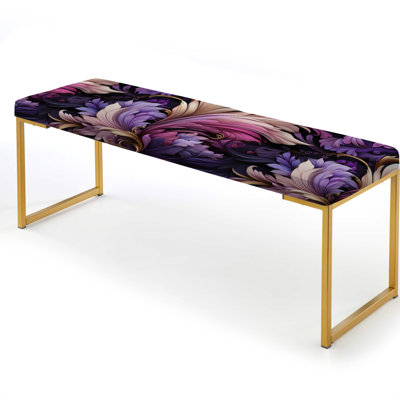 Regal Feathered Elegance - Floral Upholstered Gold Bench