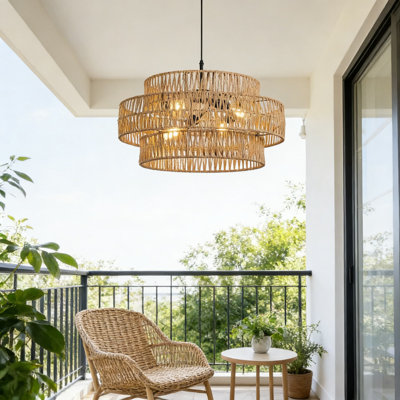 Grand lustre en rotin tissé à la main - Luminaire suspendu bohémien réglable à 3 niveaux pour décor de maison de campagne et moderne