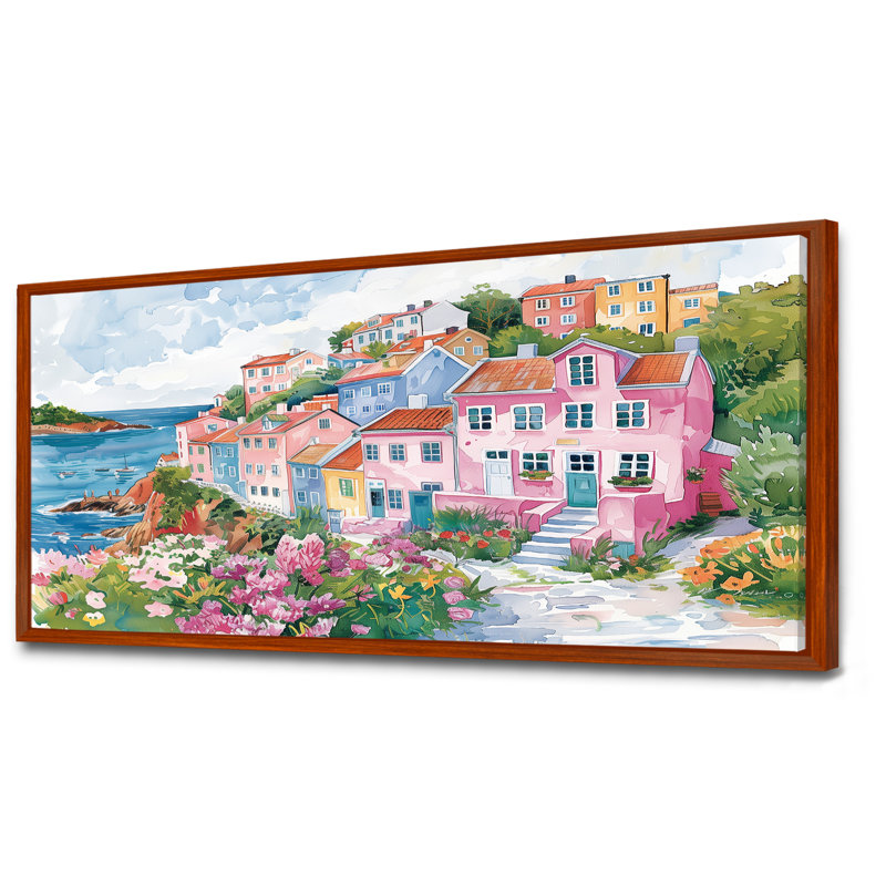 Impression d'art mural rose, vert et charmant, Italie, bord de mer III, Cadre flottant brun, H 28 po x l 60 po