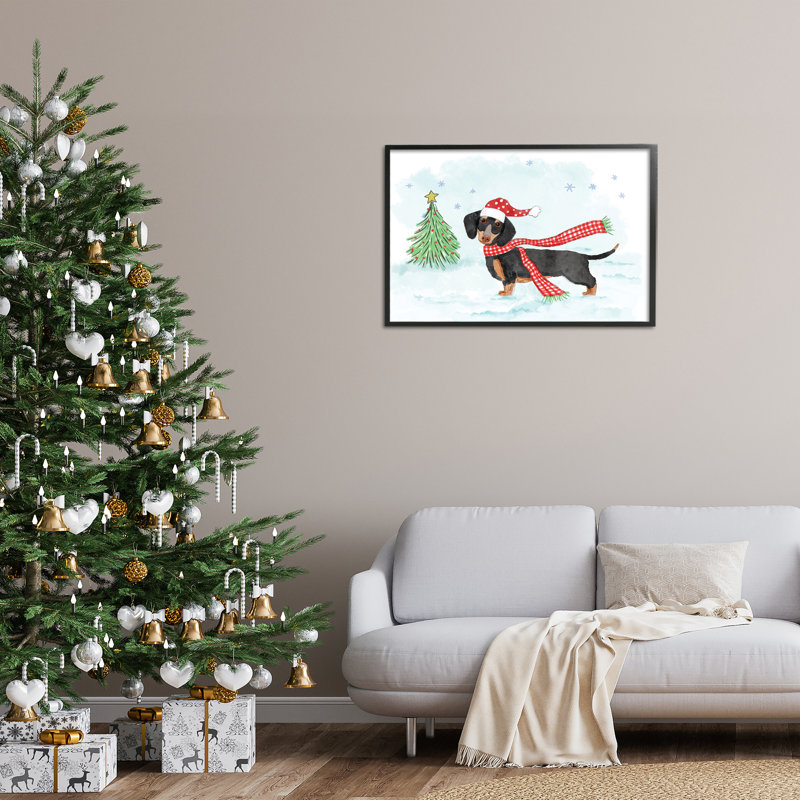 Teckel avec foulard, art de la giclée encadrée par Mollie B., Giclée encadrée noir minuit, H 20 po x l 30 po