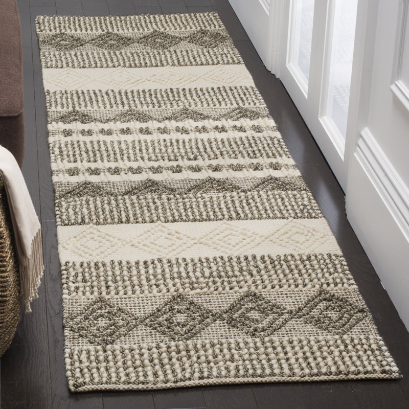 Tapis gris / ivoire en laine / coton tissé à la main à rayures Jacques, Tapis de couloir 2 pi 3 po x 20 pi