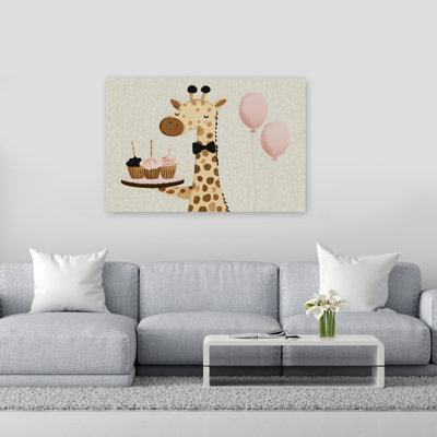 Happy Giraffe Birthday Whimsical Contemporary Giraffe Wall Art Print 1 Piece Wrapped Canvas Wall Art