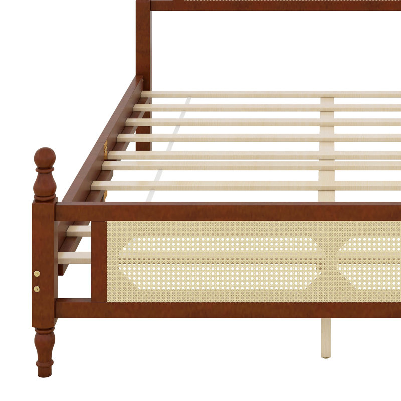 Base de lit en bois avec tête de lit en rotin, Noyer, Grand