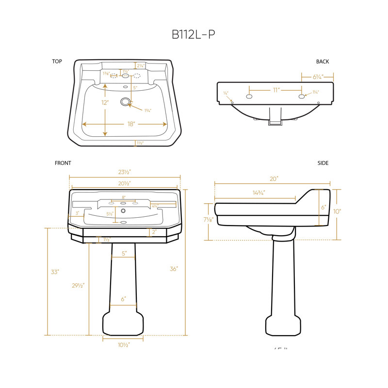 Isabella Collection Traditional Pedestal 23.5" Sink, Rectangular Bowl, Backsplash, Dual Soap Ledges, Decorative Trim and Overflow
