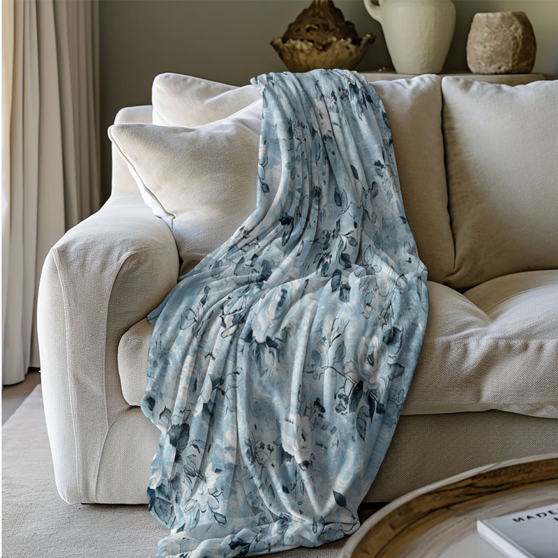 Blue Rustic Florals - 1 Piece Premium Sherpa Blanket, Queen
