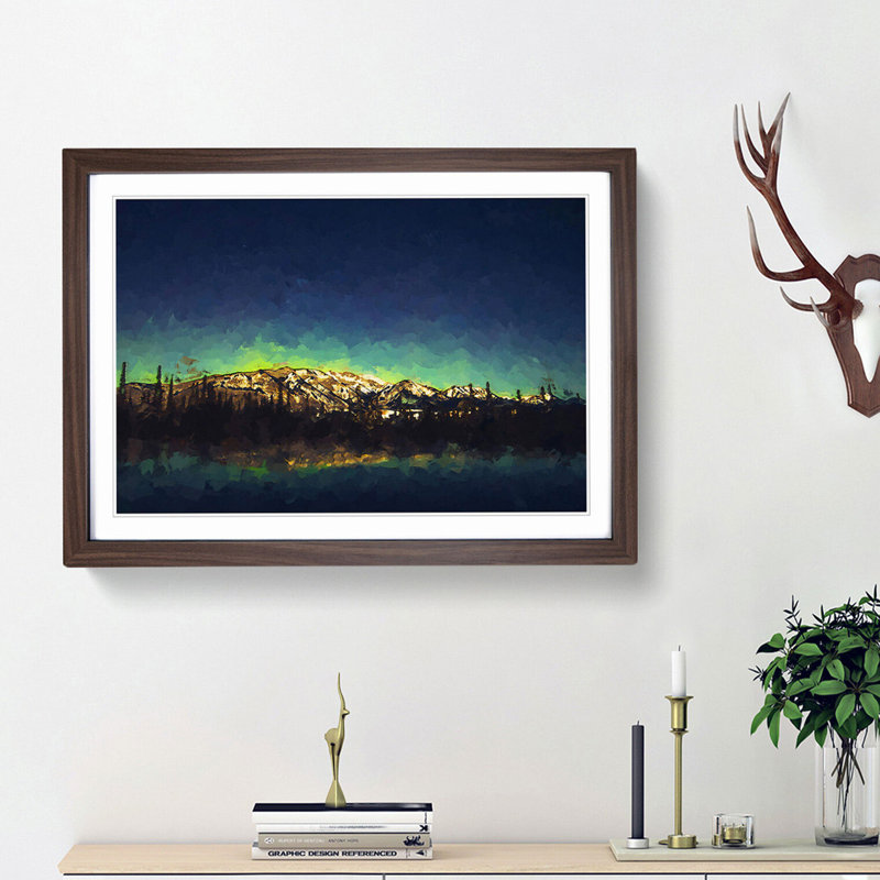 Northern Lights over in Canada in Abstract - Picture Frame Painting Print, 62cm H x 87cm W x 2cm D, Walnut Framed