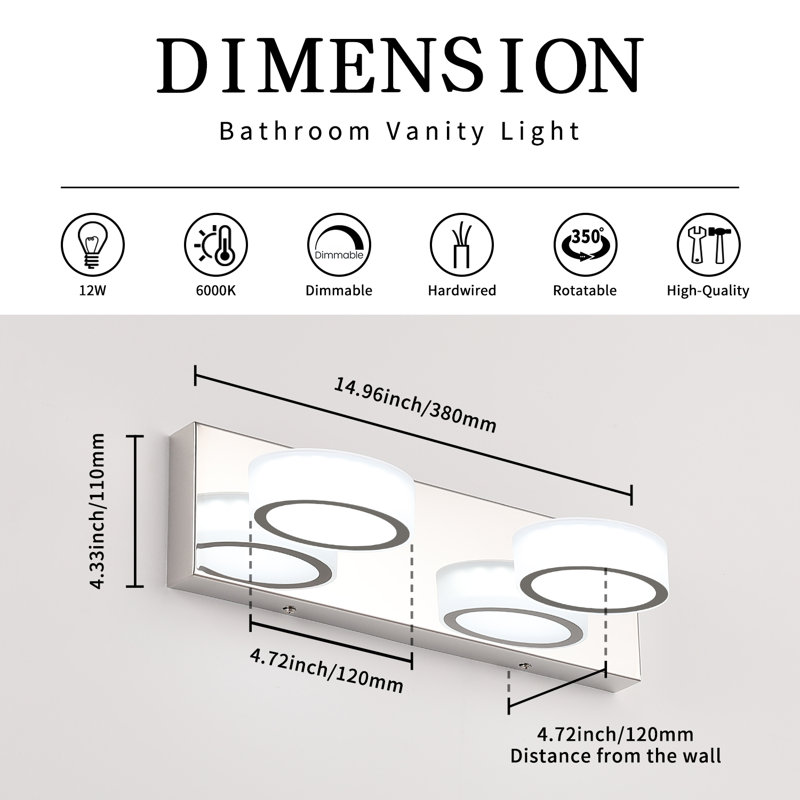 Éclairage pour meuble-lavabo à DEL Macfadden, haute transmittance et intensité variable avec rotation à 270 °, Chrome chrome