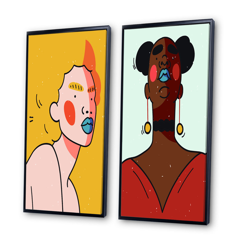 «Retro Woman Portrait Minimalistic Pop X», ensemble de 2 impressions, H 20 po x l 24 po x P 1 po, Cadre noir