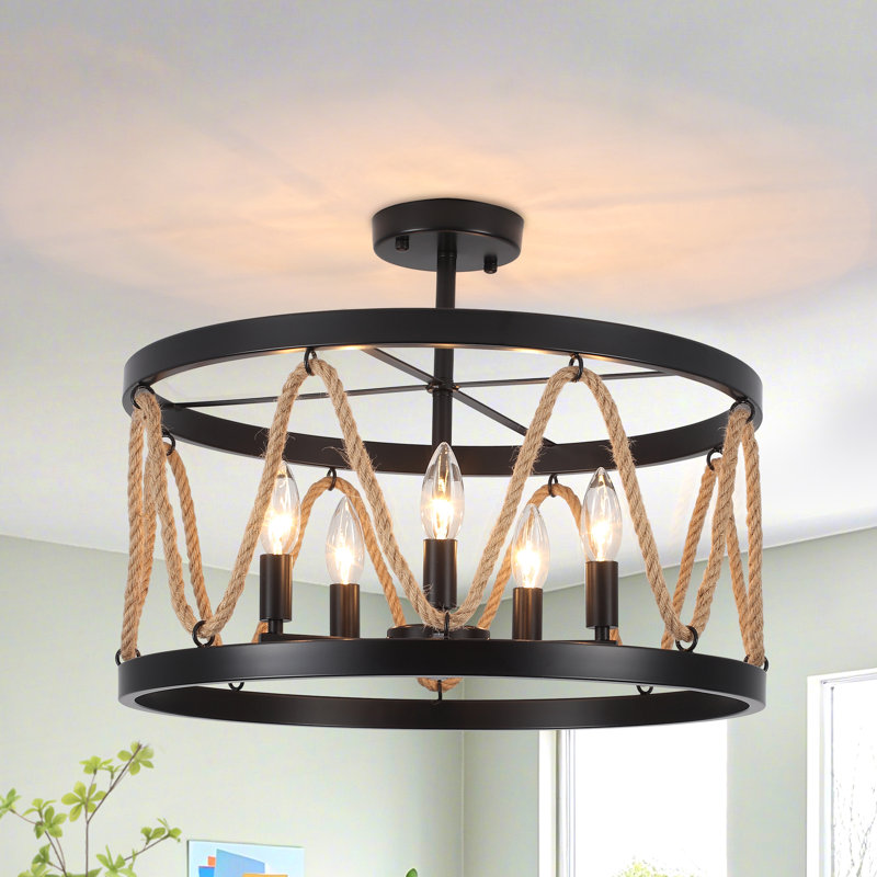 Chesmore 5 - Light 19.68"W Dimmable Hemp Rope Drum Semi Flush Mount Bohemian Ceiling Light Fixture for Dining Room, Living Room and Coastal Themed Dining Areas