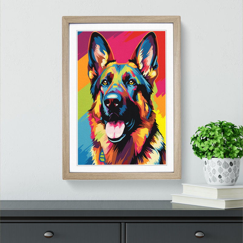 German Shepherd Pop No.2 - Framed Print, 46cm H x 34cm W x 2cm D, Oak