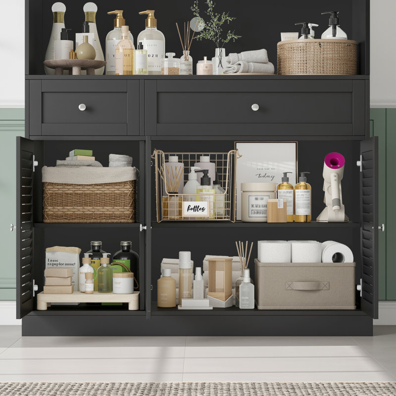 Armoire de salle de bain autoportante 70,5 po avec 6 portes à persiennes et 2 tiroirs, Black