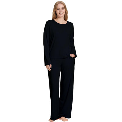  Womens Pajamas Set Soft Pjs Bathrobe Bamboo Long Sleeve Loungewear Wide Leg Pants Set Black L