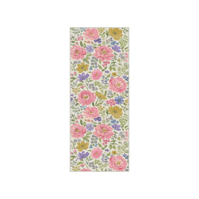 Machine Washable Floral Ivory / Pink Hallway Runner With Non-Slip Backing