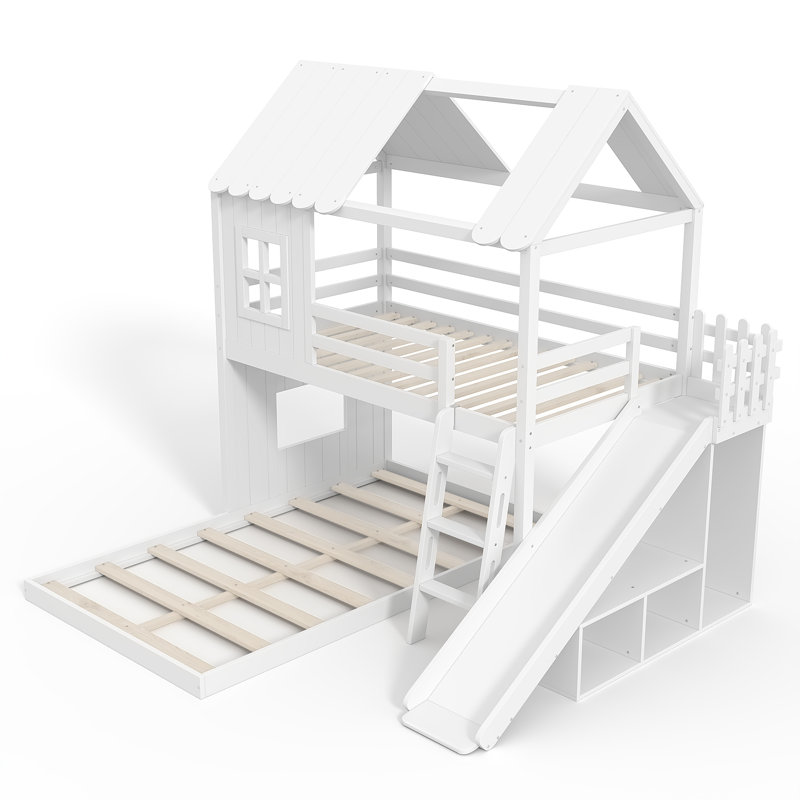 Lit superposé simple au dessus d'une maison double avec échelles, glissières, rangement et garde-robe, blanc, Blanc