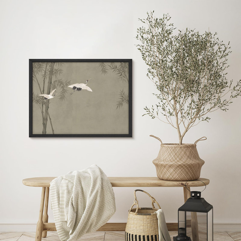 «Graceful Cranes and Bamboo in Classic Asian Landscape Illustration», affiche encadrée rustique, Blanc / Blanc