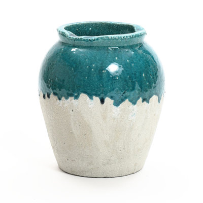11.4'' H Green White Glazed Terracotta Vase, Rustic Textured Decorative Table Vase