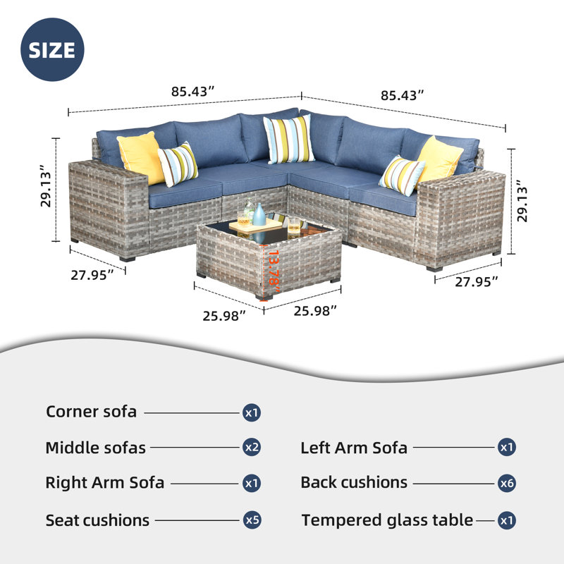 Ensemble de conversation modulaire en osier pour 5 personnes avec coussins Baili, ensemble de conversation modulaire moderne en rotin, ensemble de mobilier de patio avec accoudoirs larges