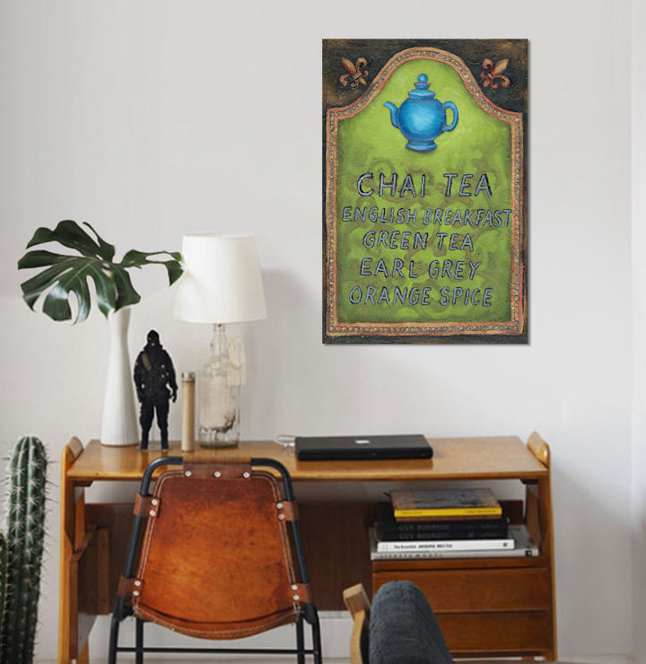 « tea », art textuel sur toile tendue, H 12 po x l 8 po x P 0,75 po, Toile tendue, Pas de tapis