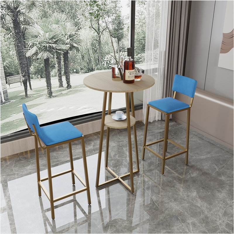  Bar table and chairs three piece set, frame, sponge made seat cushions and backrests, bar table with storage function, Blue