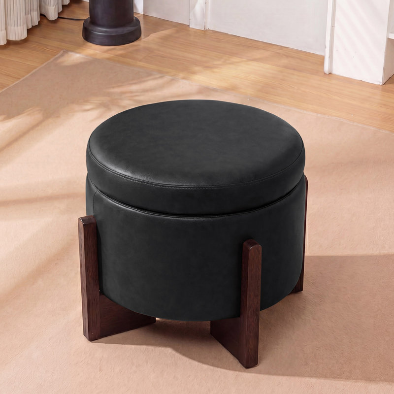  Faux Leather Upholstered Round Ottoman with Storage, Black