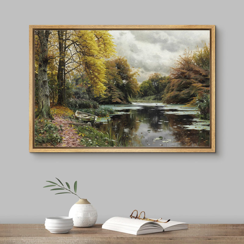 Lake River Landscape " Pine Tree Forest River ", Natural Floater Frame, 16" H x 24" W