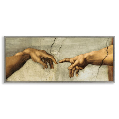 Mains de la création d'Adam, peinture religieuse surdimensionnée rustique sur toile grise encadrée, art texturé par Michel-Ange