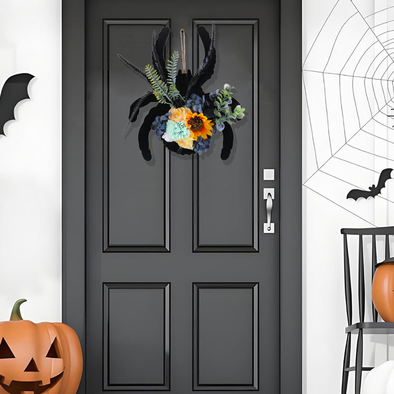Couronne d'araignée 11,8 po avec tournesols et plumes noires, pendentif en bois pour décoration de porte d'entrée Halloween