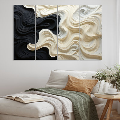 Impression d'art noir sur blanc contrastant avec vagues sur toile 4 pièces