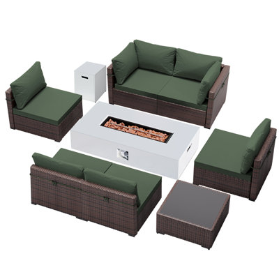 Ensemble de conversation 9 pièces pour terrasse en rotin avec foyer extérieur de 56 pouces et coussin de siège confortable