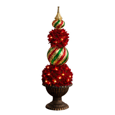 3 pi Arbre de Noël topiaire artificiel pré-éclairé avec ornement faîteau et 70 lumières DEL dans une urne décorative