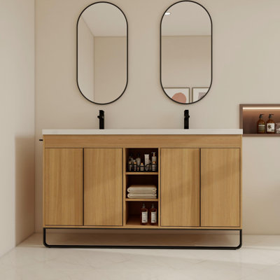 Ensemble de meuble-lavabo autoportant 60 po avec 2 lavabos en résine, meuble-lavabo sur pied avec 4 portes à fermeture douce et 4 tablettes