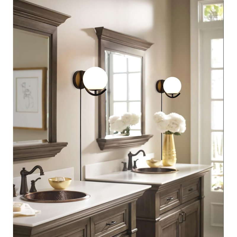 Dimmable Plug-In Wall Sconces Set Of 2 With Glass Shade, Mid-Century Modern Wall Lighting For Living Room, Bathroom, Kitchen, And Hallway