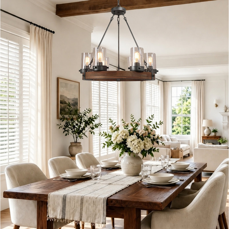 Temescal 6-Light Wood Dimmable Wagon Wheel Chandelier, Brown